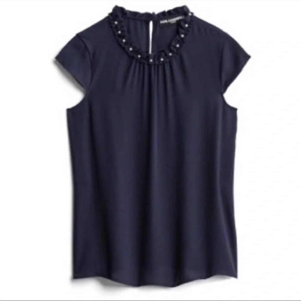 Karl Lagerfield Paris DAVIGNON Pearl Blouse Shirt Top Preppy round neck career